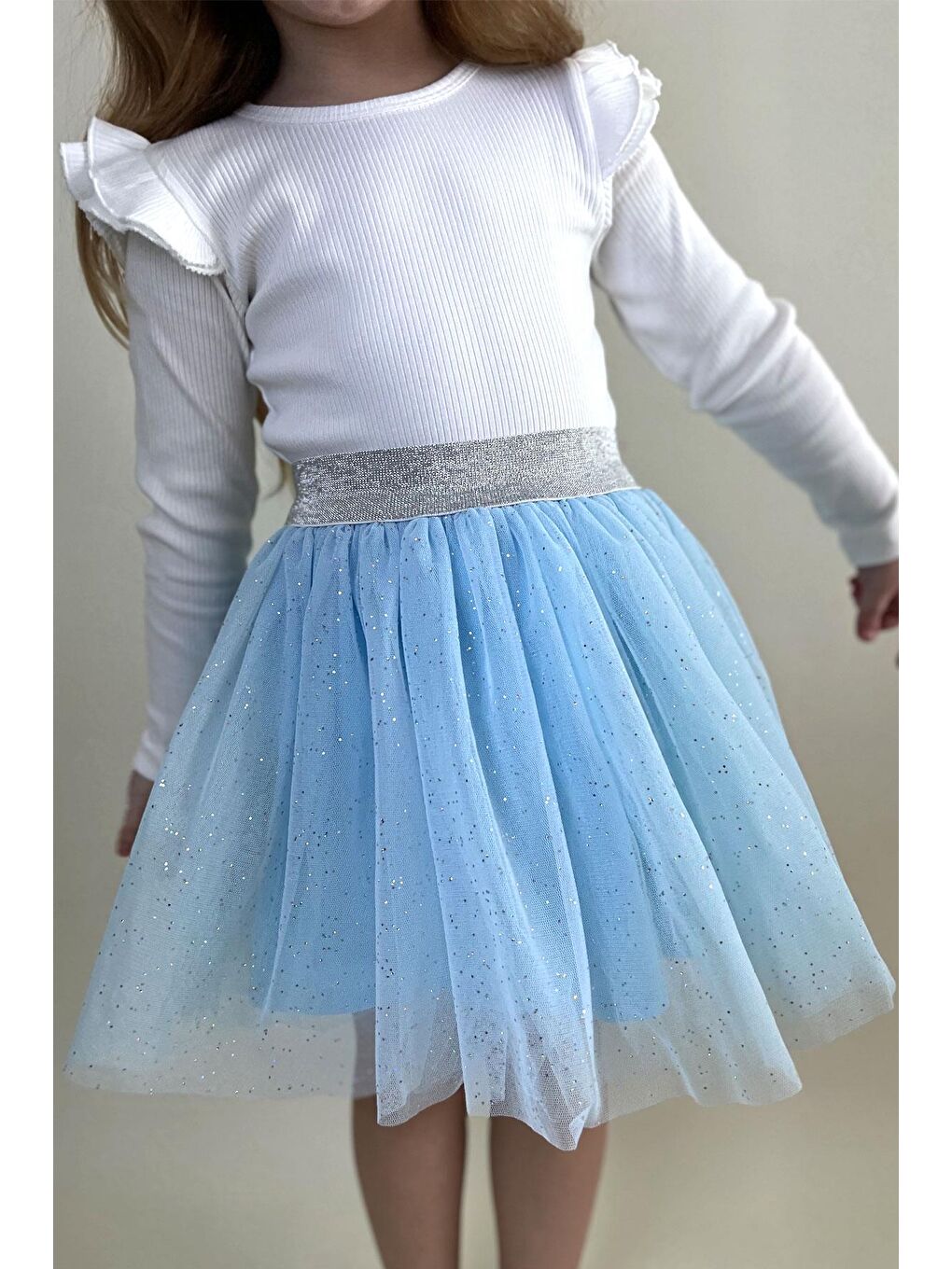 Kız Çocuk Tütü Etek Simli Beli Latikli Açık Mavi (5-10 Yaş)-1