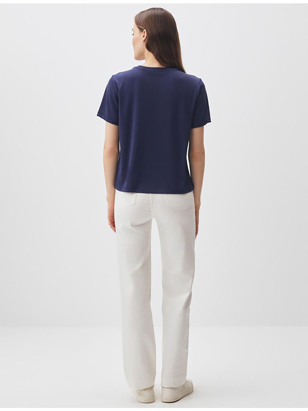 Lacivert Düz Kesim Bisiklet Yaka Kısa Kollu Basic Tişört-4