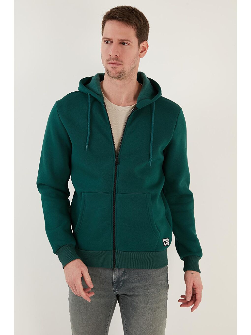 Yeşil Slim Fit Kapüşonlu  İçi Tüylü Yumuşak Şardonlu Kışlık Fermuarlı Sweatshirt 5905340-3
