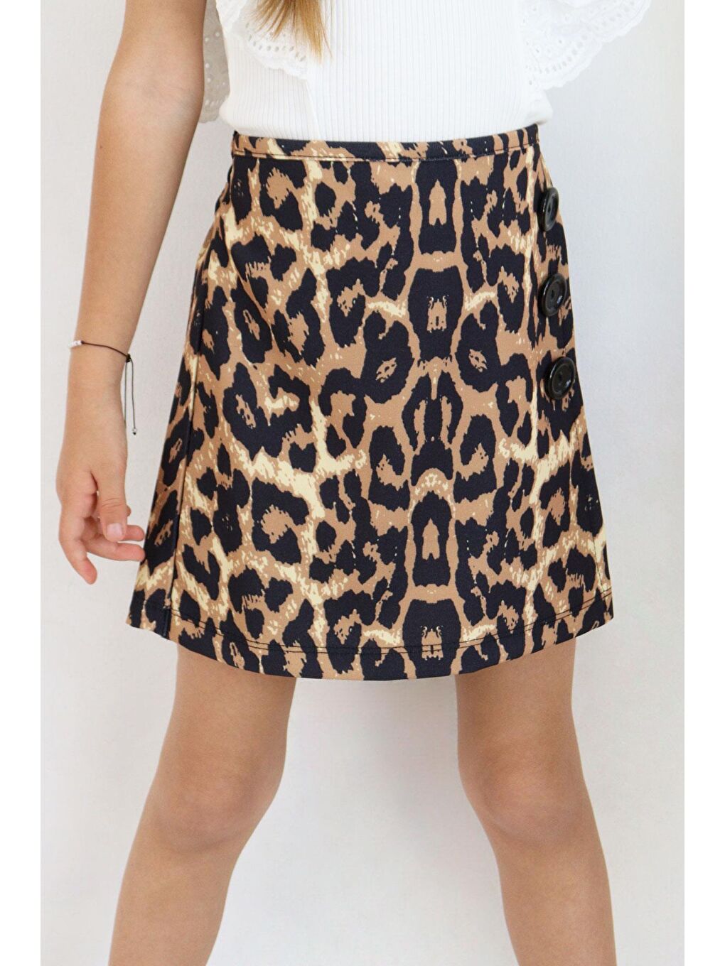 Kız Çocuk Şort Etek Leopar Desenli Düğme Aksesuarlı Kahverengi (6-12 Yaş)-2