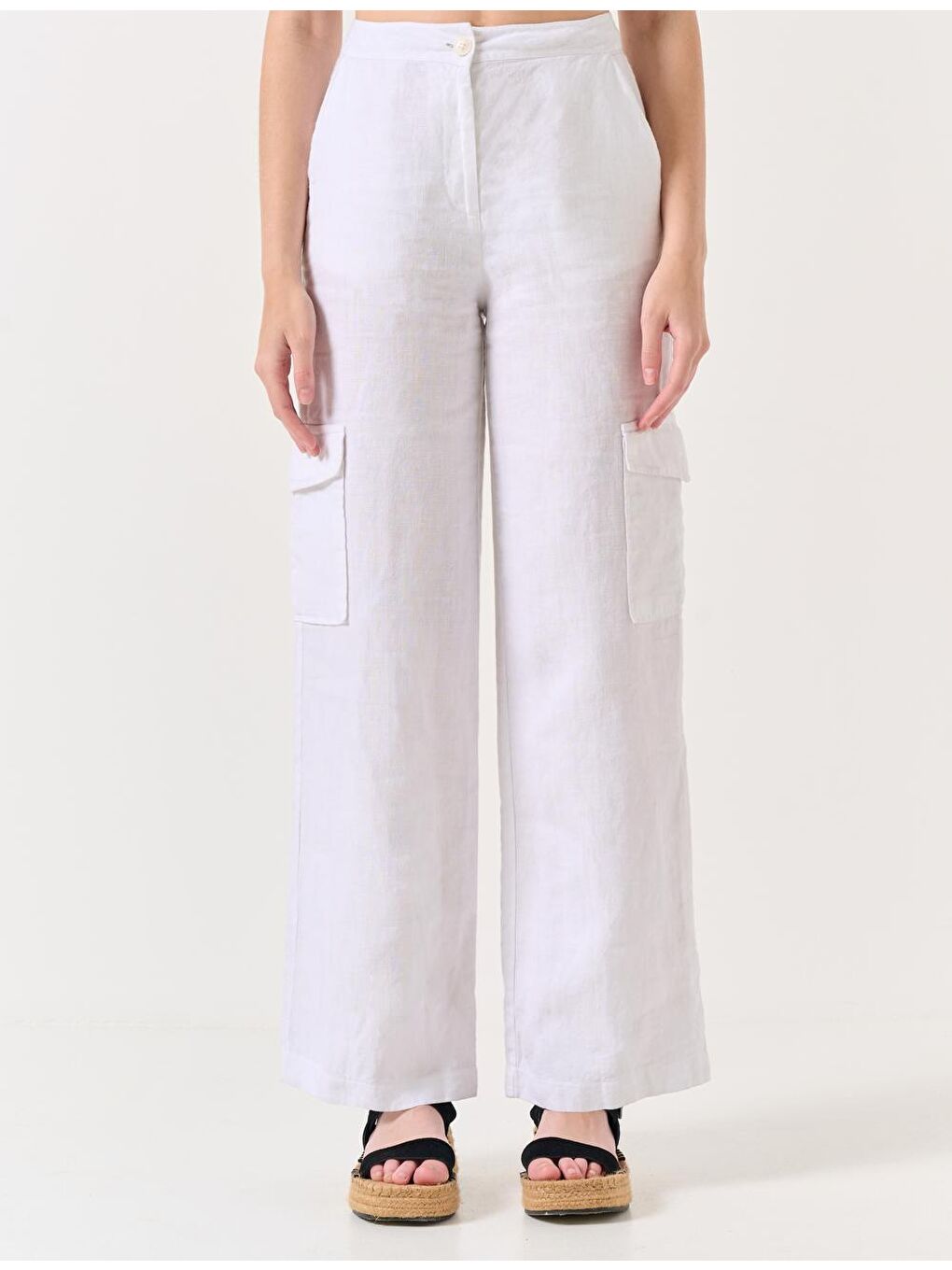 Beyaz Yüksek Bel Bol Paça Cepli Keten Pantolon-4