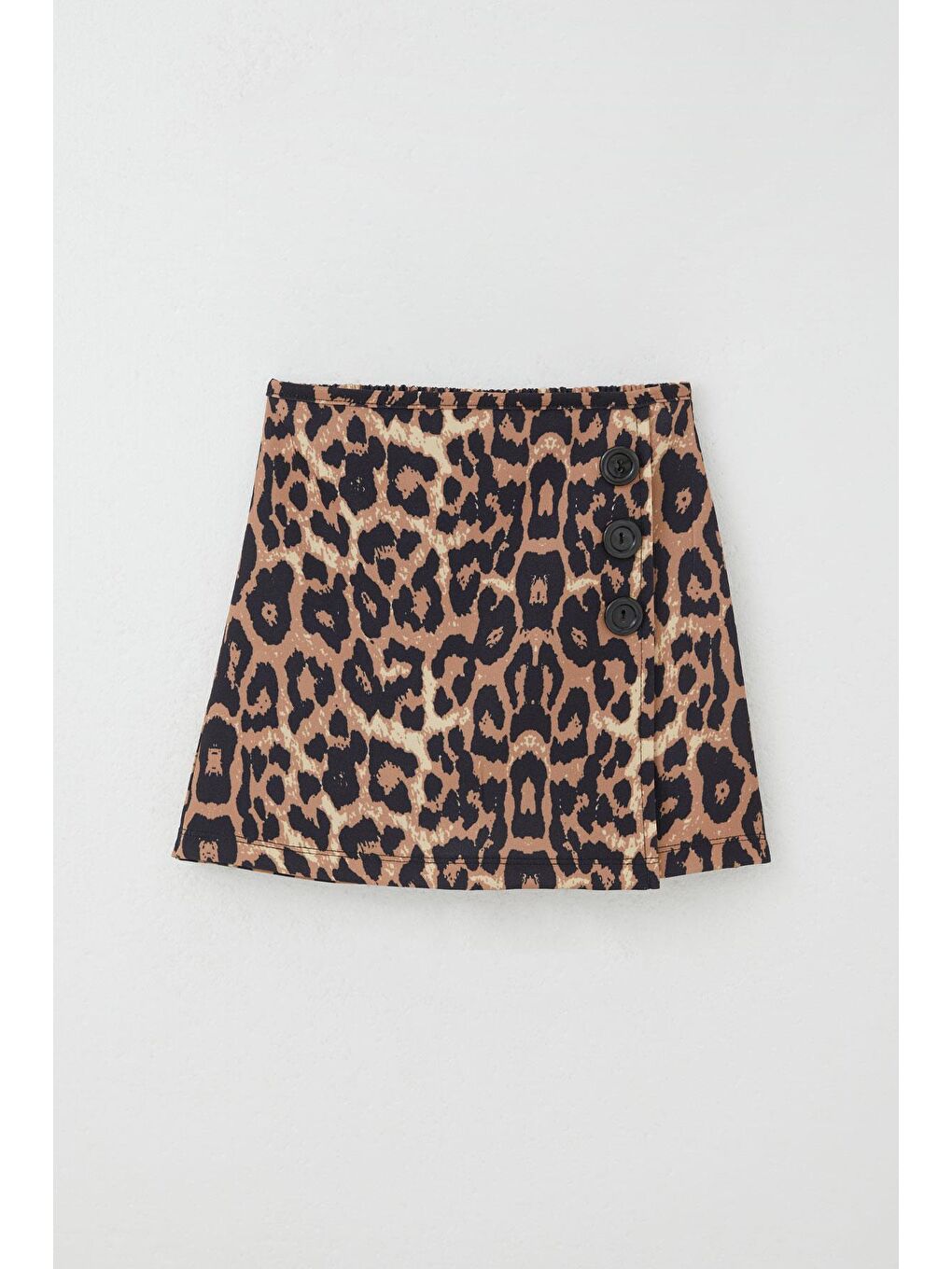 Kız Çocuk Şort Etek Leopar Desenli Düğme Aksesuarlı Kahverengi (6-12 Yaş)-4