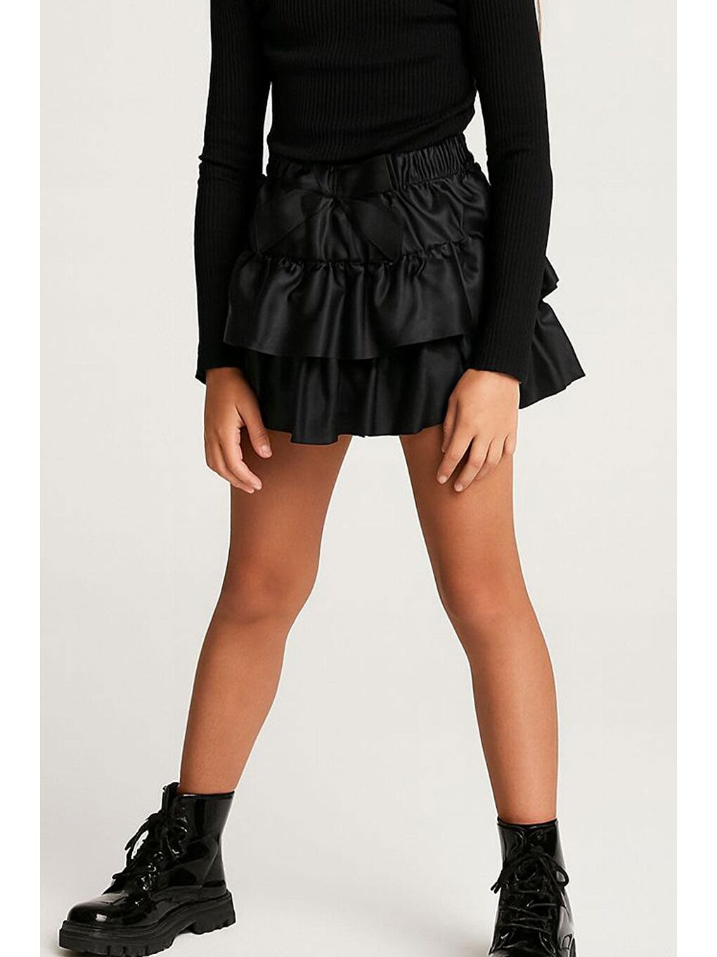 Kız Çocuk Deri Etek Kat Kat Fiyonklu Siyah (5-10 Yaş)