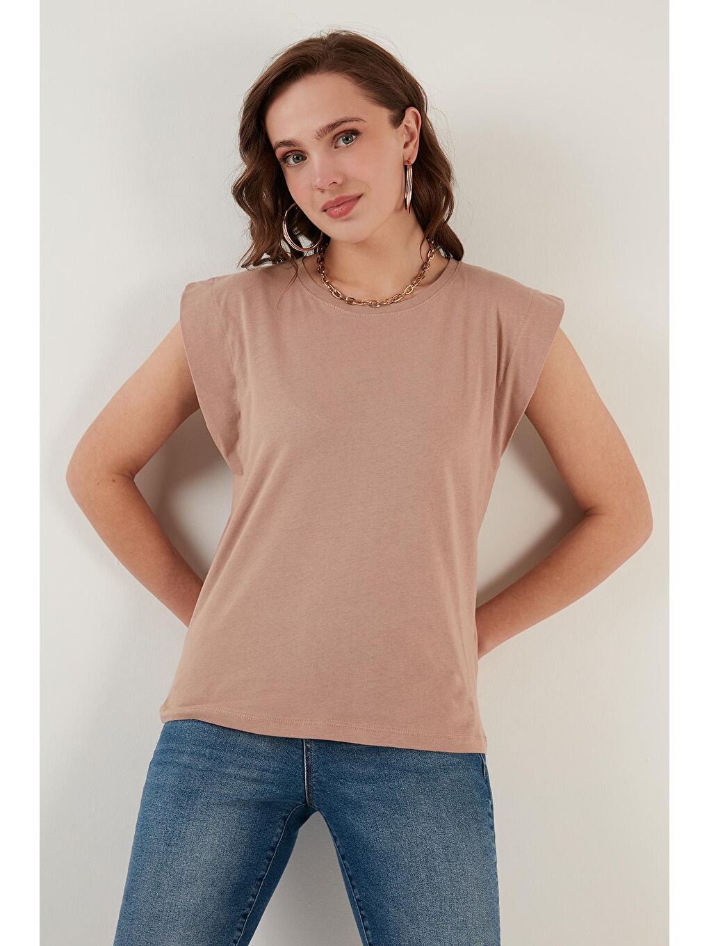 Kahverengi % 100 Pamuklu Bisiklet Yaka Kolsuz Tişört-5