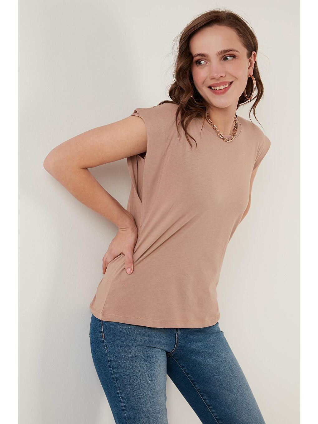 Kahverengi % 100 Pamuklu Bisiklet Yaka Kolsuz Tişört-7