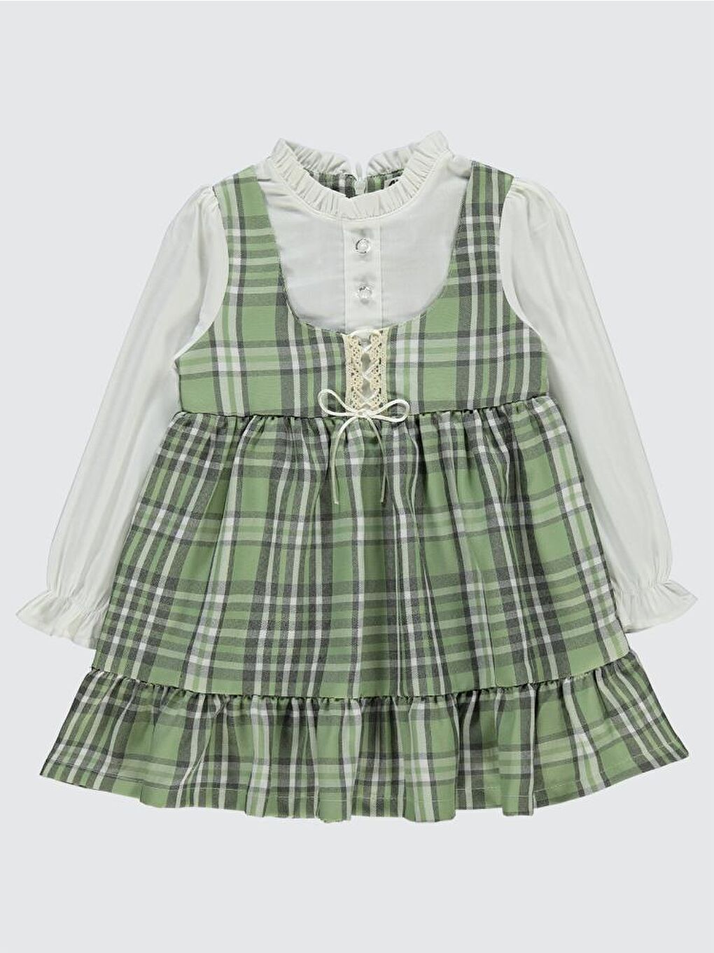 Yeşil Girls Yakası Fırfırlı 2-5 Yaş Elbise-1