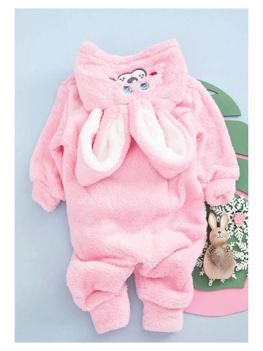 Pembe Kapüşonlu Fermuarlı Tavşan Desenli Bebek Tulum-1