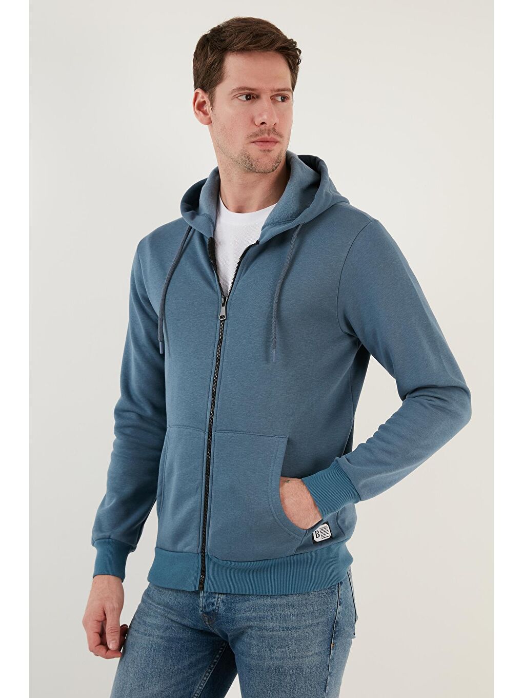 Gri Slim Fit Kapüşonlu  İçi Tüylü Yumuşak Şardonlu Kışlık Fermuarlı Sweatshirt 5905340-1