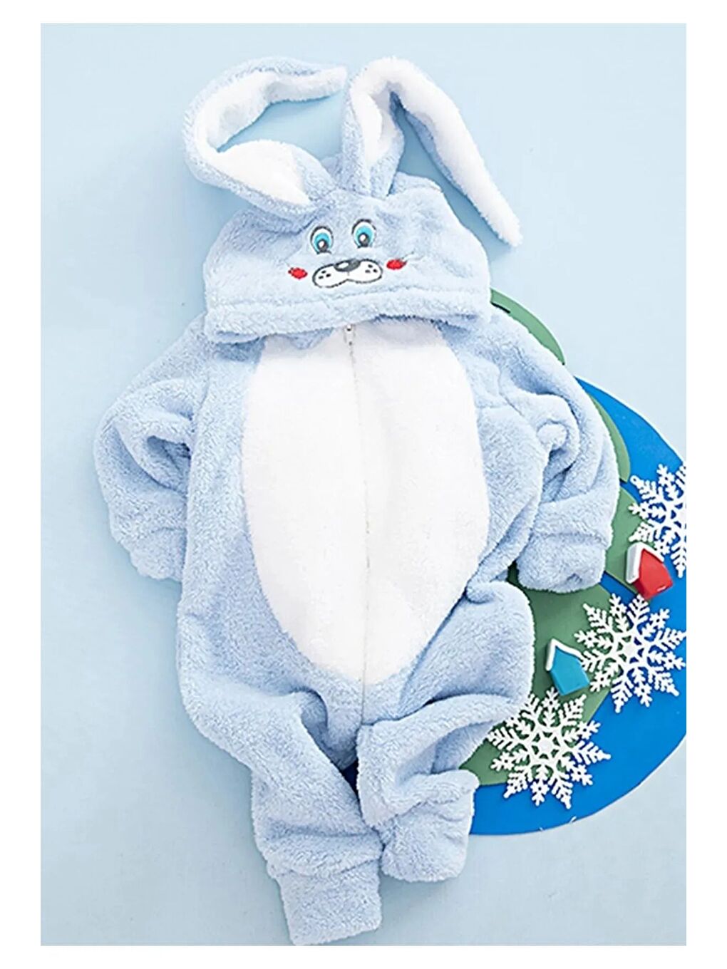 Mavi Kapüşonlu Fermuarlı Tavşan Desenli Bebek Tulum