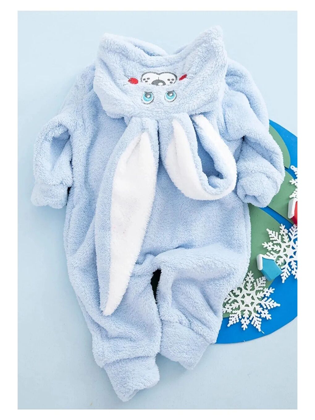 Mavi Kapüşonlu Fermuarlı Tavşan Desenli Bebek Tulum-1