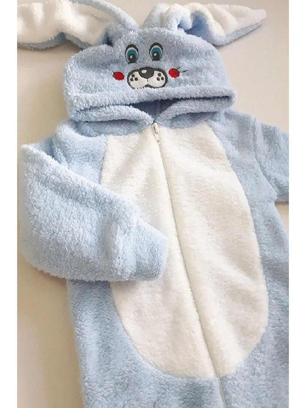 Mavi Kapüşonlu Fermuarlı Tavşan Desenli Bebek Tulum-2