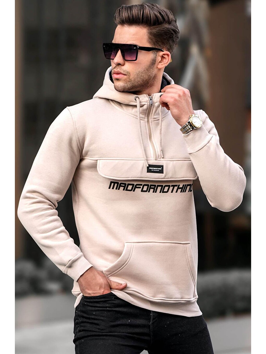 Bej Kanguru Cep Kapüşonlu Sweatshirt 4729