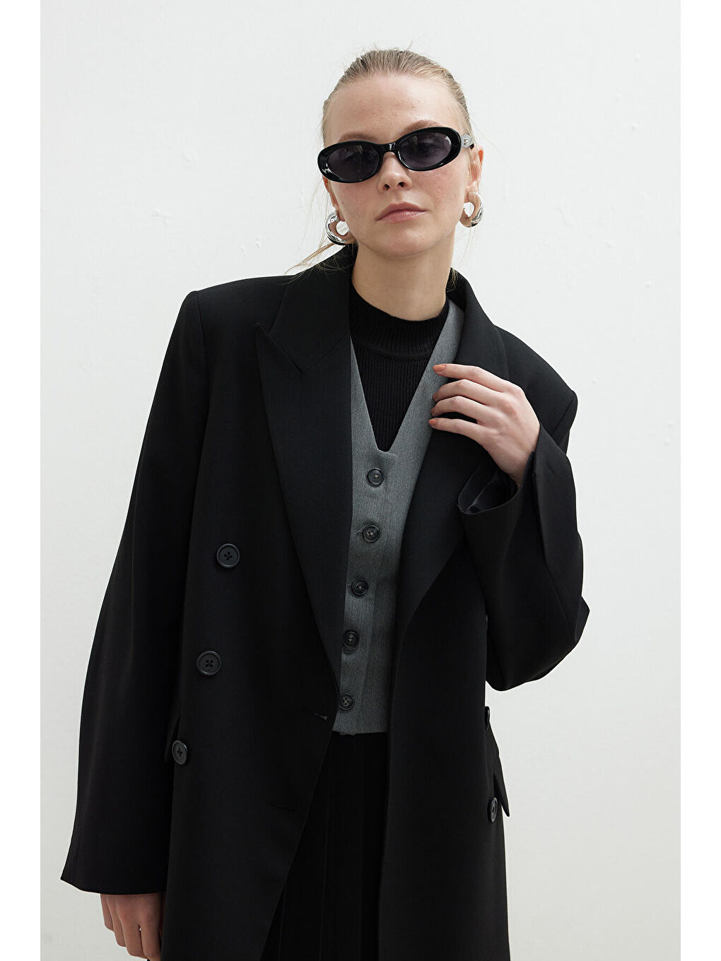 Oversize Kruvaze Blazer Ceket Siyah-1