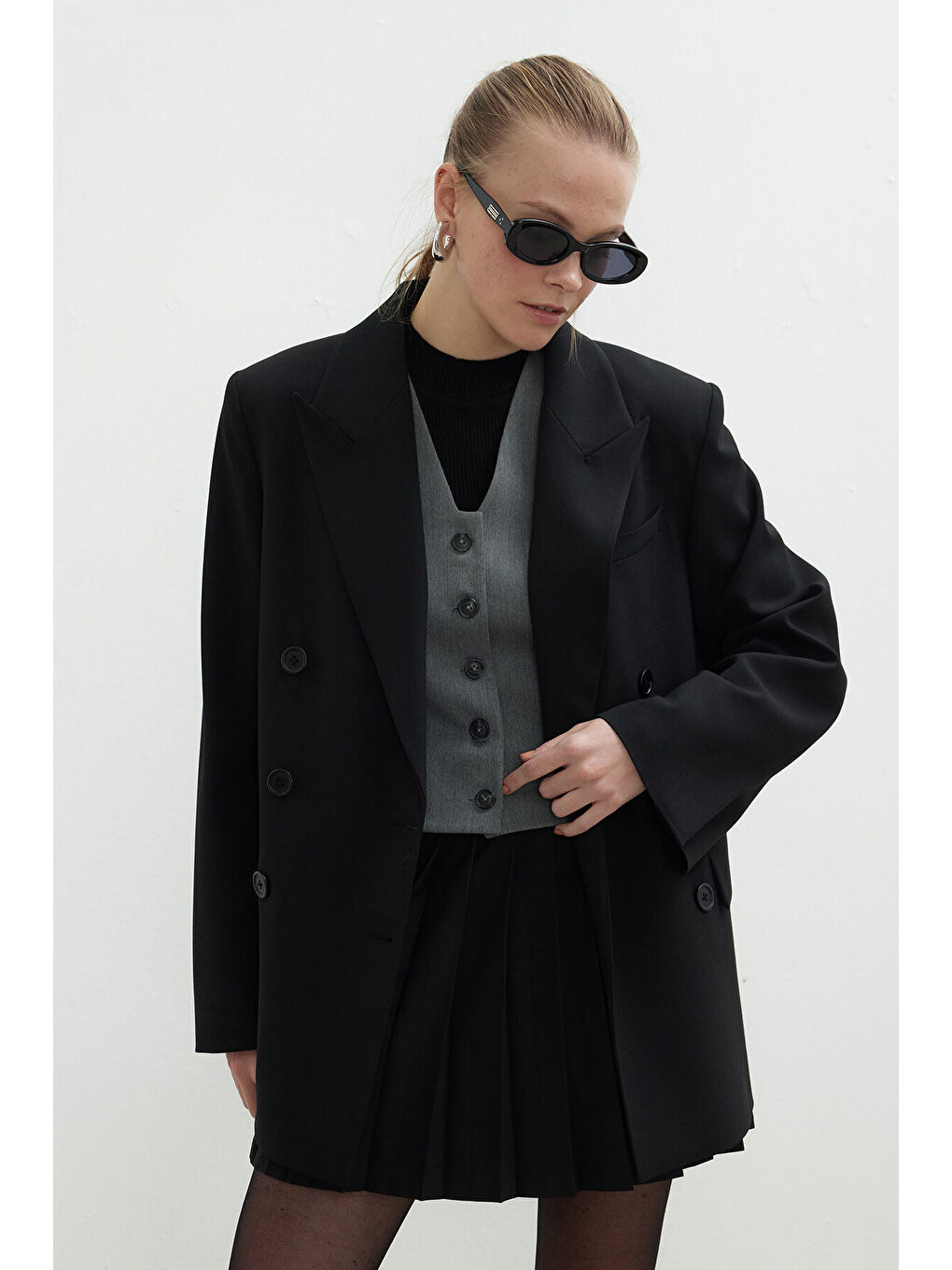 Oversize Kruvaze Blazer Ceket Siyah-4