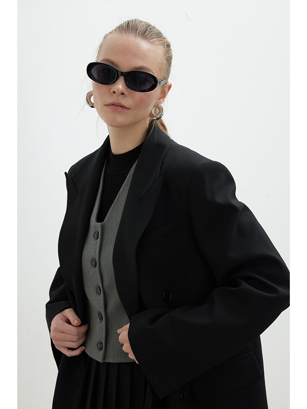 Oversize Kruvaze Blazer Ceket Siyah-5