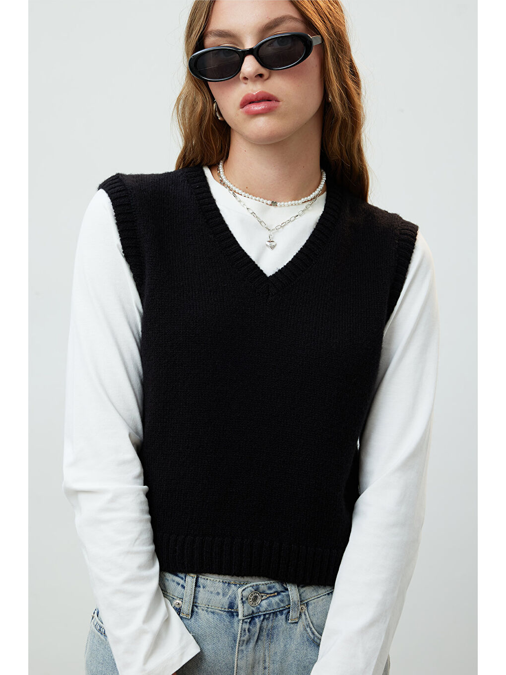 V Yaka Triko Süveter Siyah-1