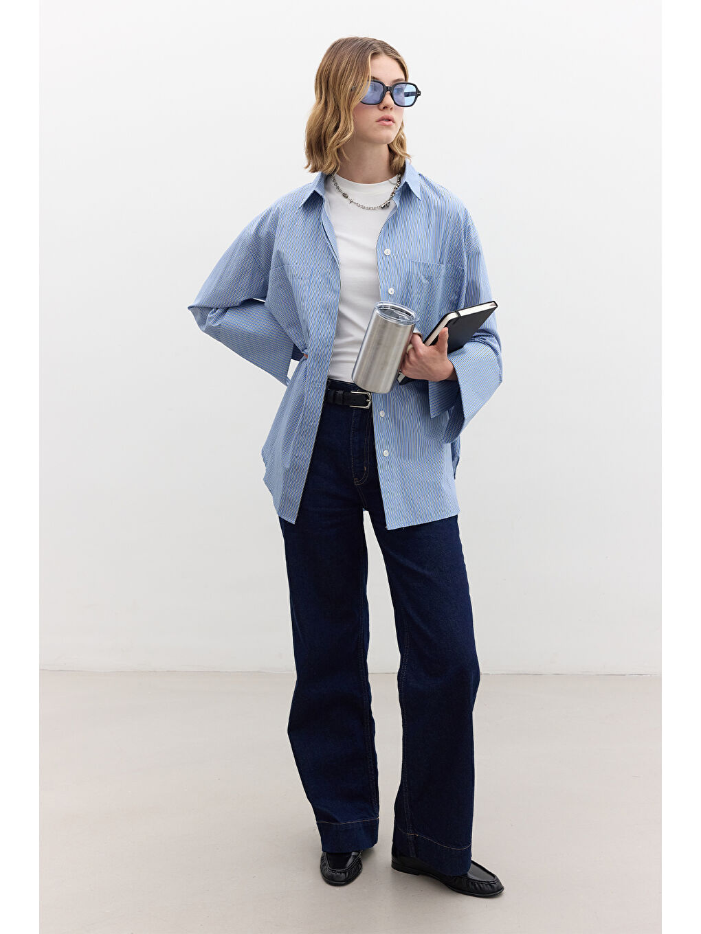 Geniş Manşetli Çizgili Gömlek Mavi-2