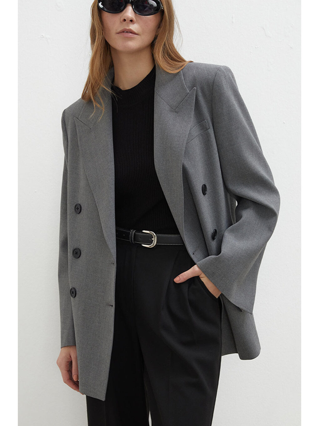 Oversize Kruvaze Blazer Ceket Gri-1