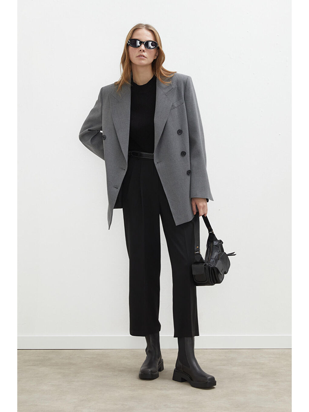 Oversize Kruvaze Blazer Ceket Gri-2