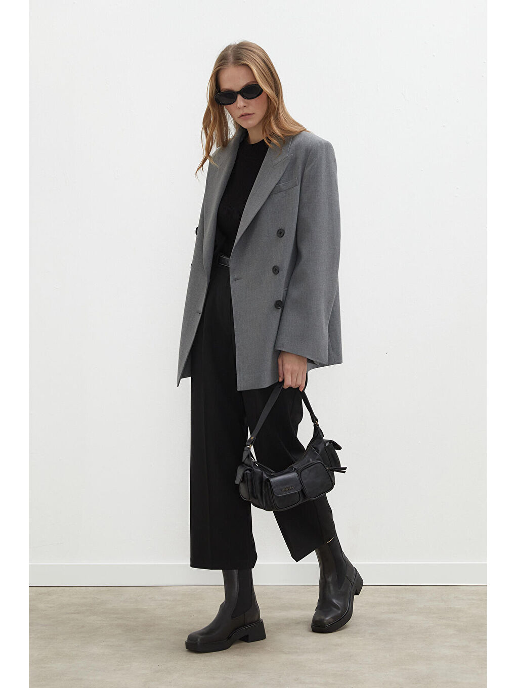 Oversize Kruvaze Blazer Ceket Gri-3