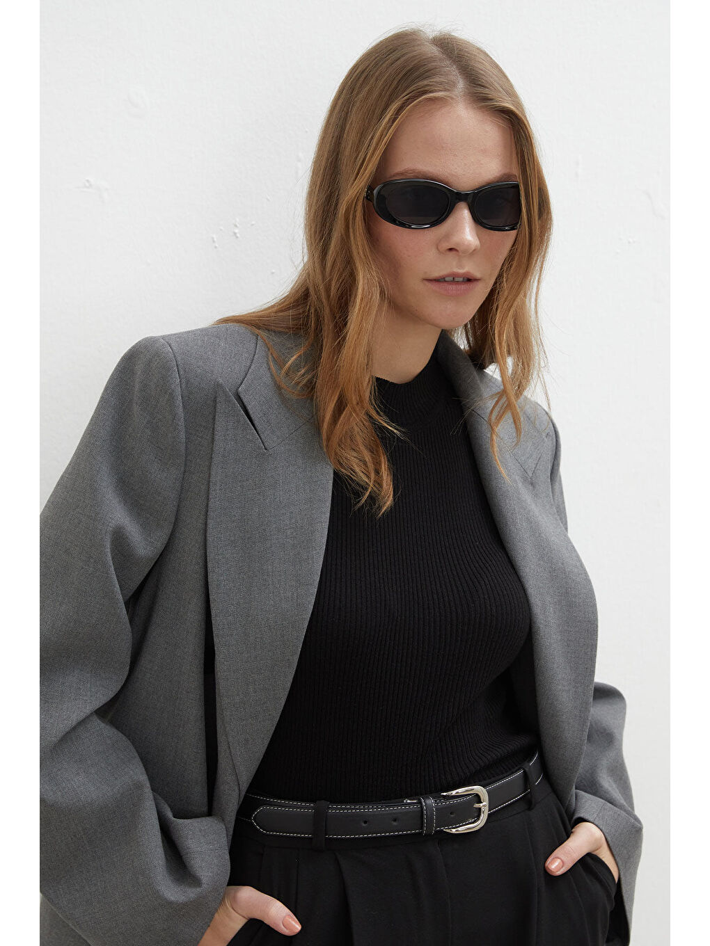 Oversize Kruvaze Blazer Ceket Gri-4