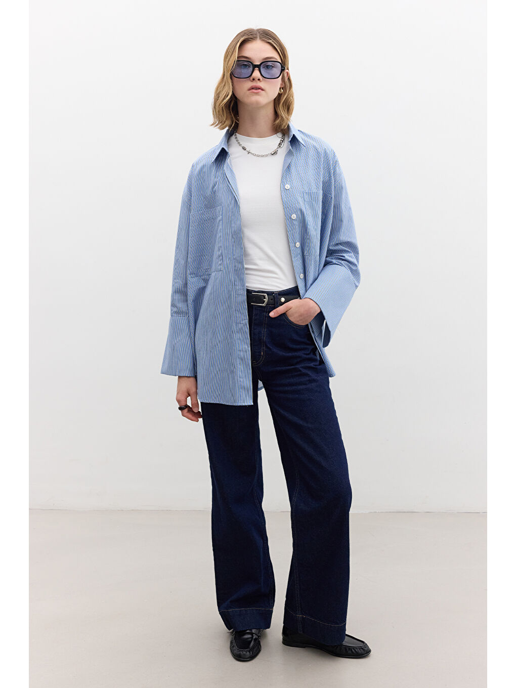Geniş Manşetli Çizgili Gömlek Mavi-3