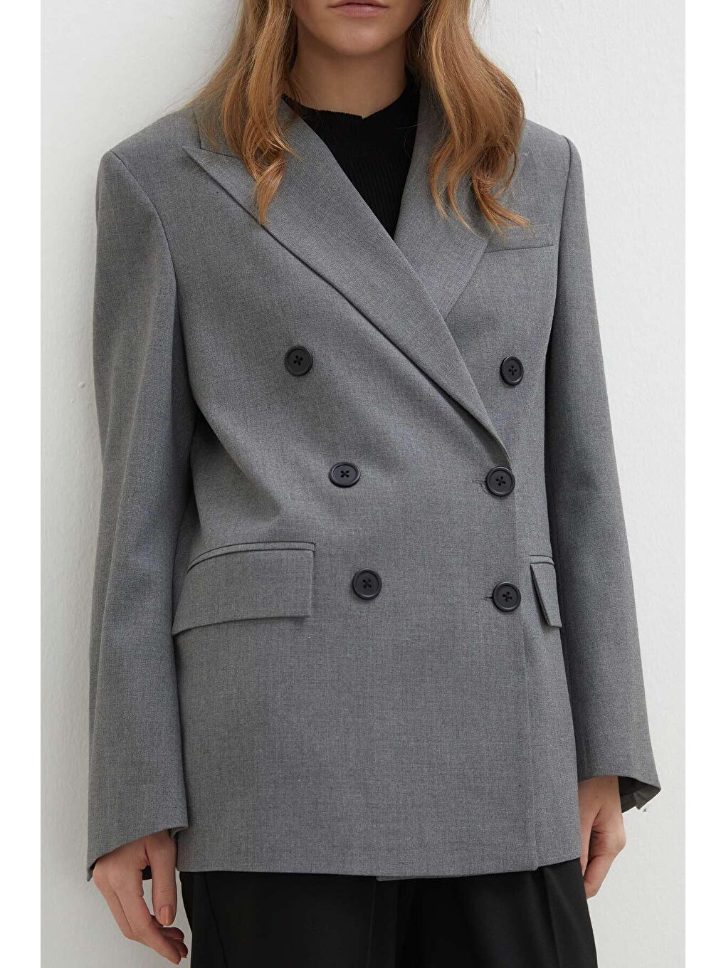 Oversize Kruvaze Blazer Ceket Gri-5