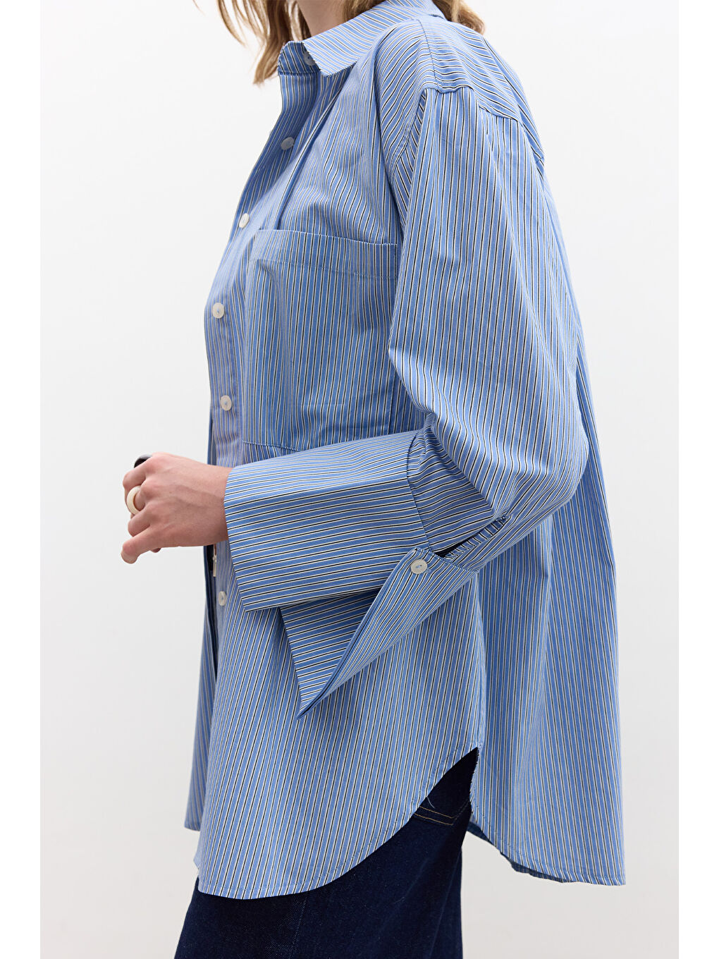 Geniş Manşetli Çizgili Gömlek Mavi-4
