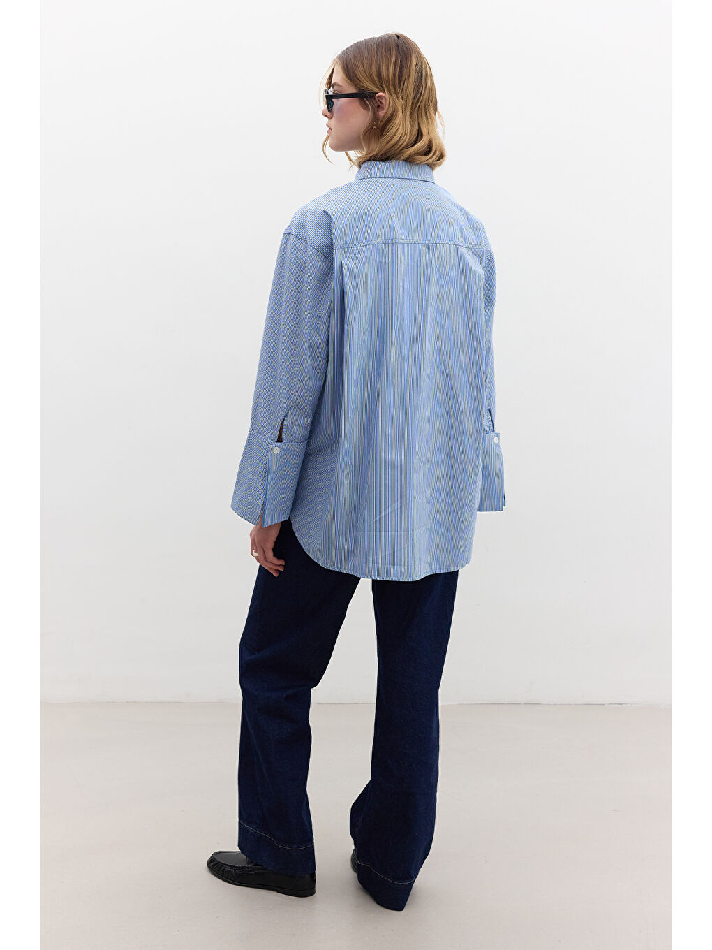 Geniş Manşetli Çizgili Gömlek Mavi-5