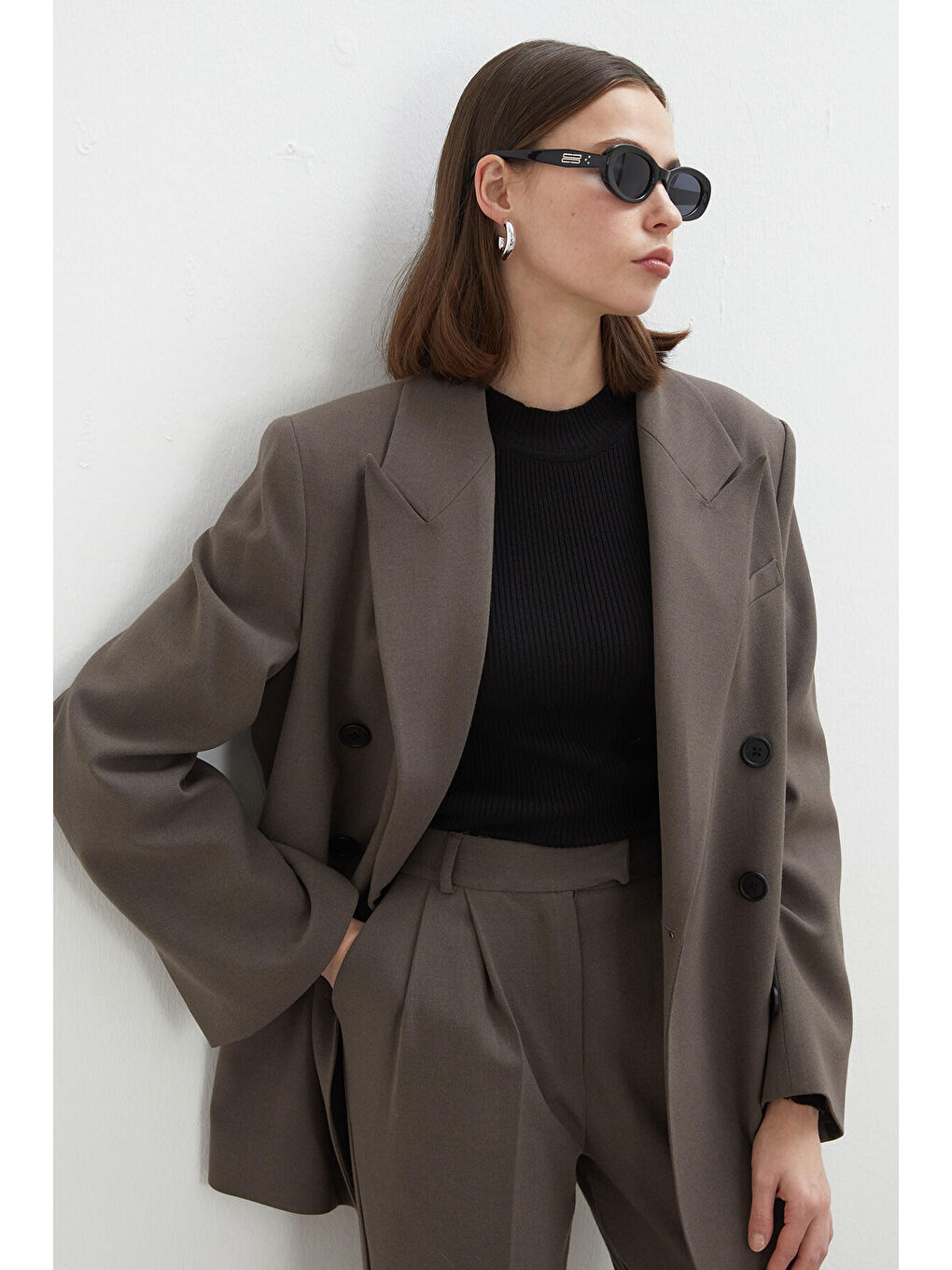 Bej Oversize Kruvaze Blazer Ceket Vizon