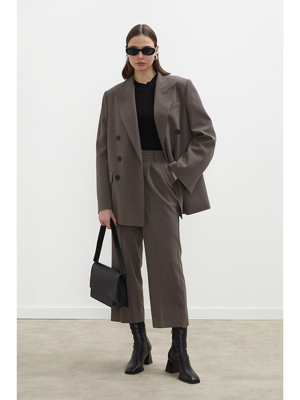 Bej Oversize Kruvaze Blazer Ceket Vizon-1