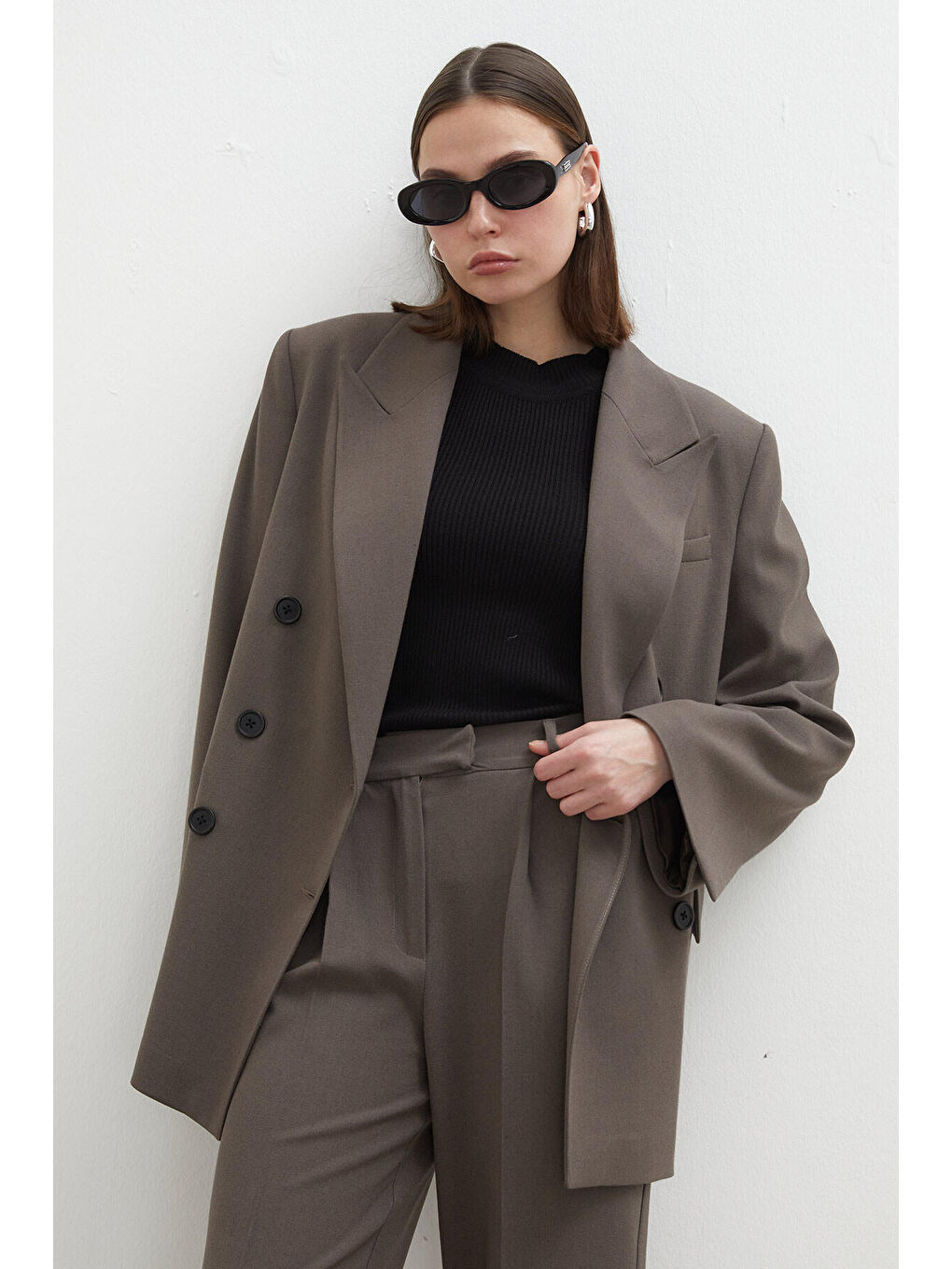 Bej Oversize Kruvaze Blazer Ceket Vizon-3