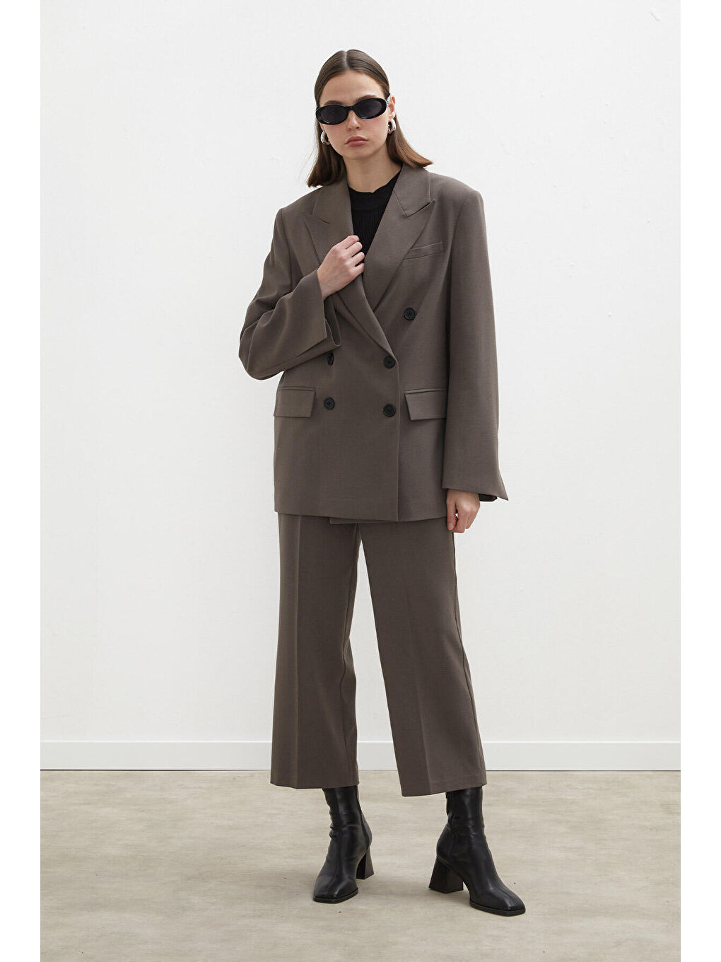 Bej Oversize Kruvaze Blazer Ceket Vizon-4