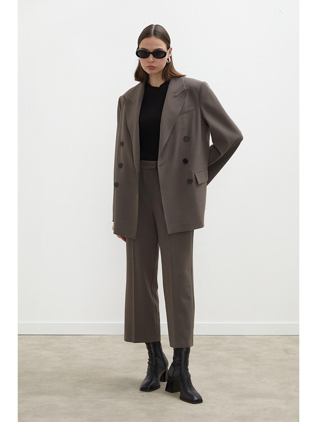 Bej Oversize Kruvaze Blazer Ceket Vizon-5