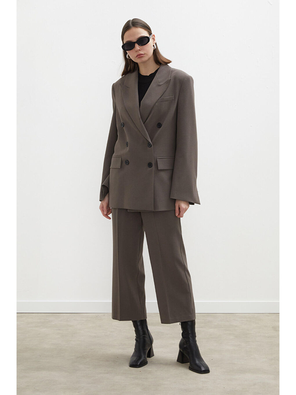 Bej Oversize Kruvaze Blazer Ceket Vizon-6