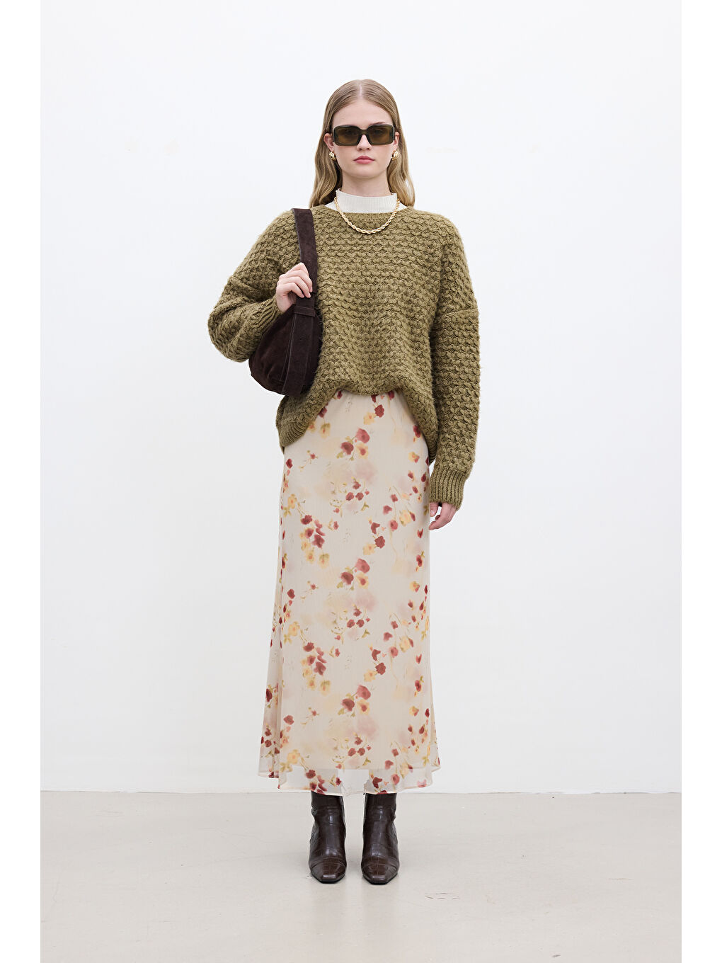 Kahverengi Desenli Örgü Triko Kazak Toprak-1