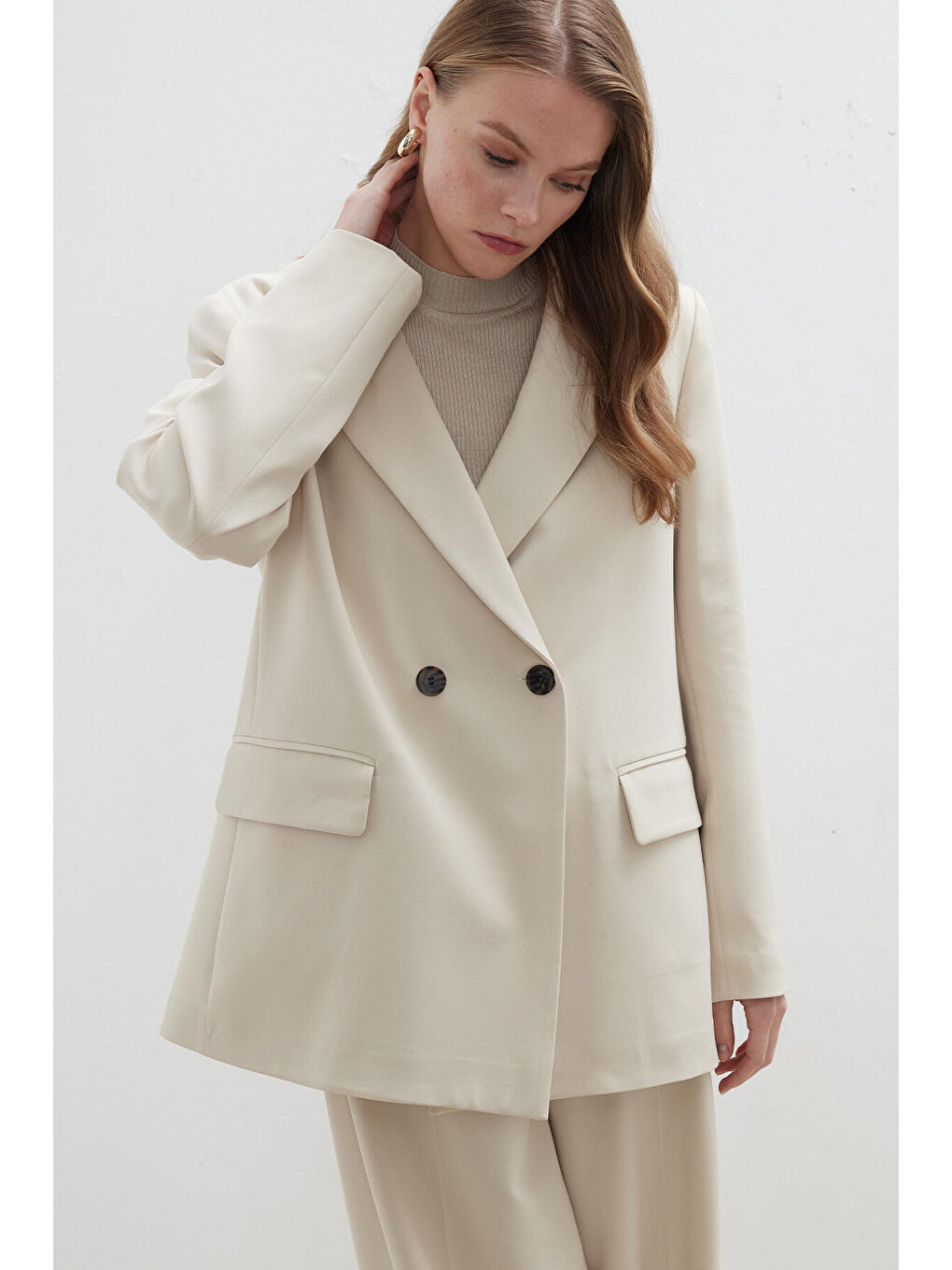 Kruvaze Klasik Blazer Ceket Bej-3