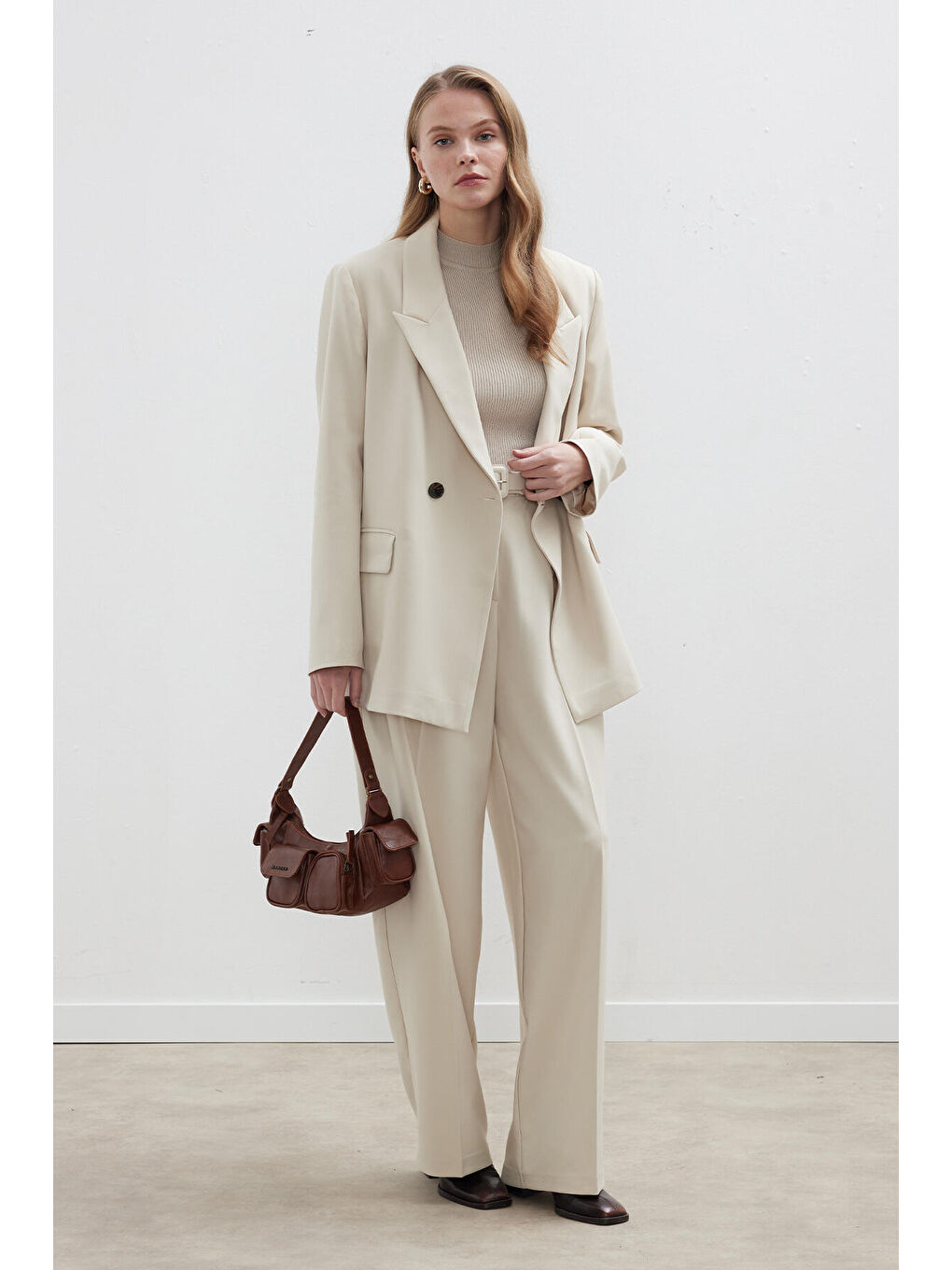 Kruvaze Klasik Blazer Ceket Bej-4