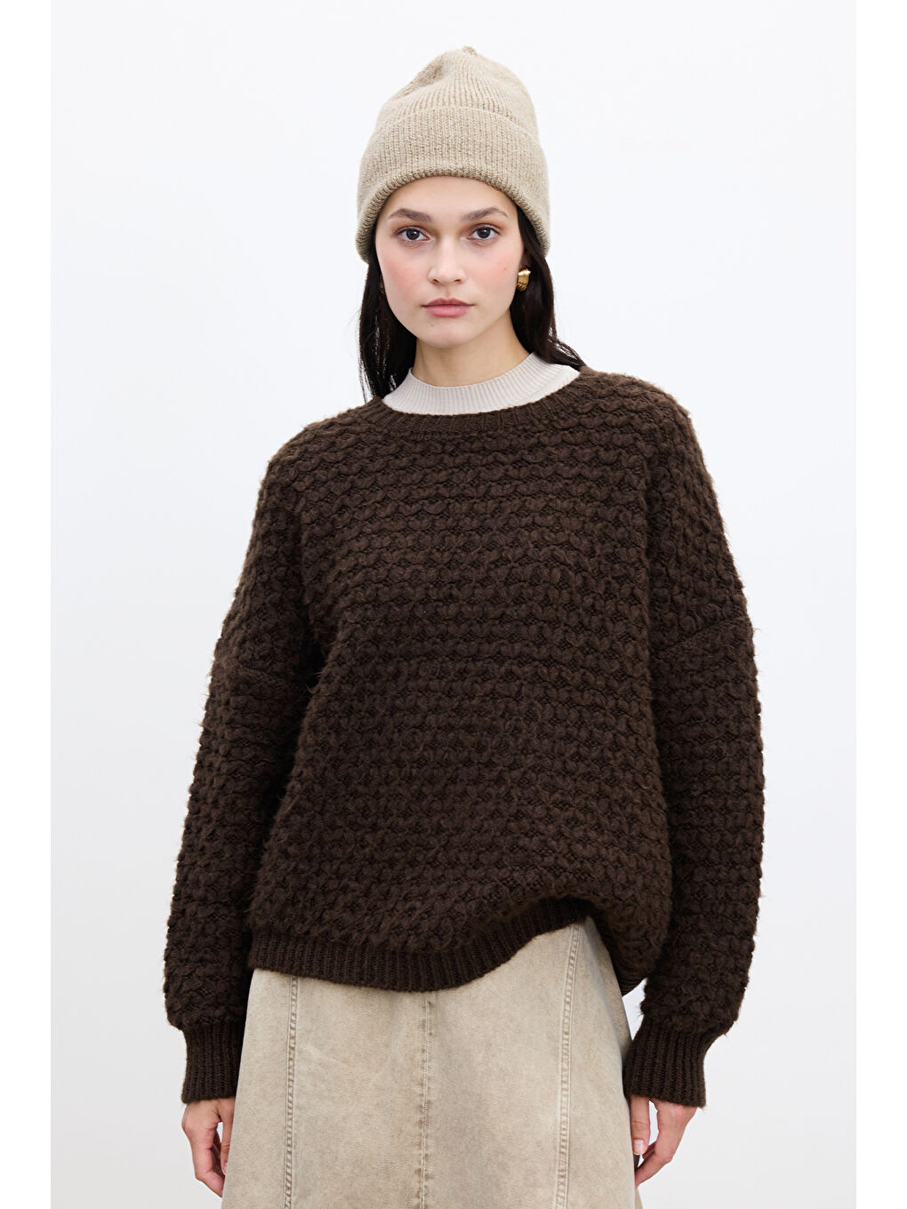 Kahverengi Desenli Örgü Triko Kazak Acı Kahve-1