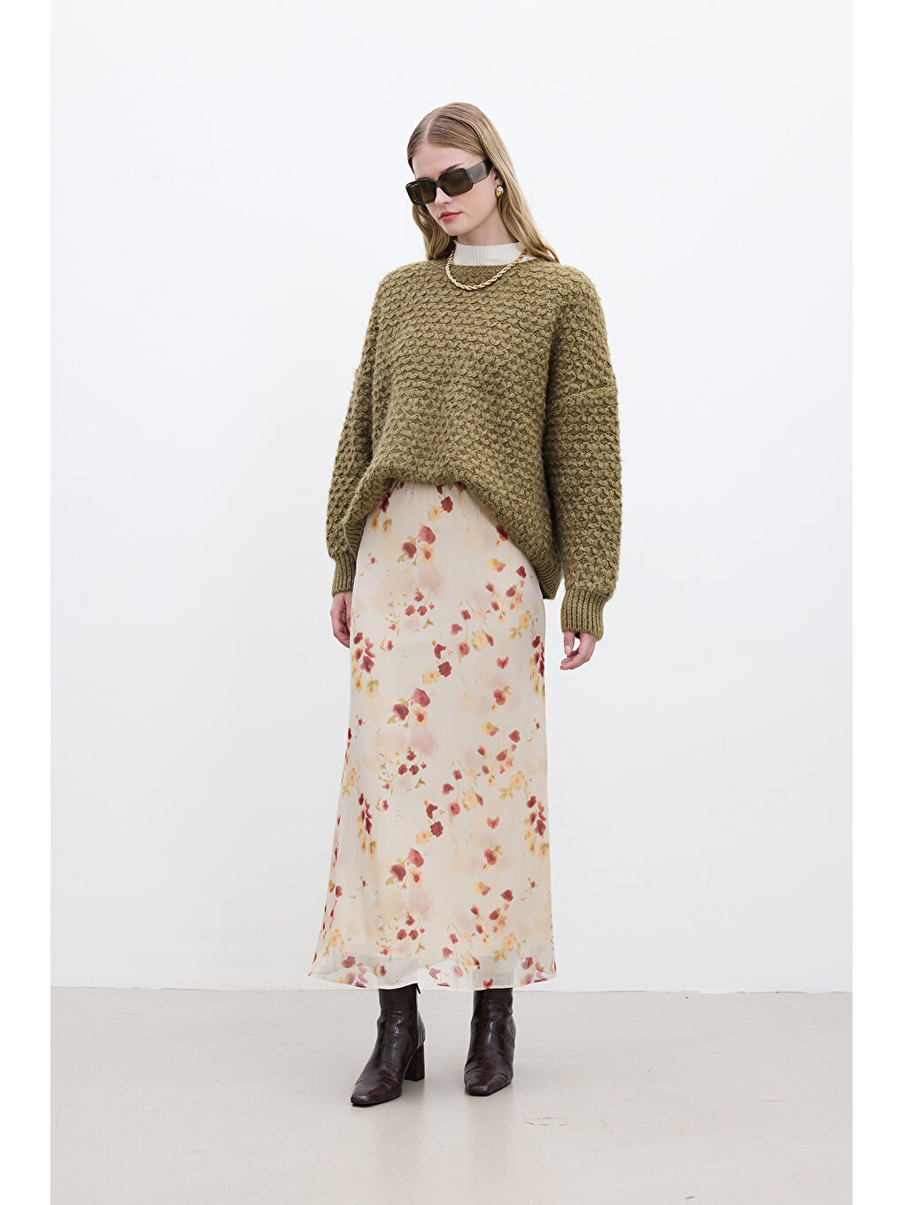 Kahverengi Desenli Örgü Triko Kazak Toprak-4