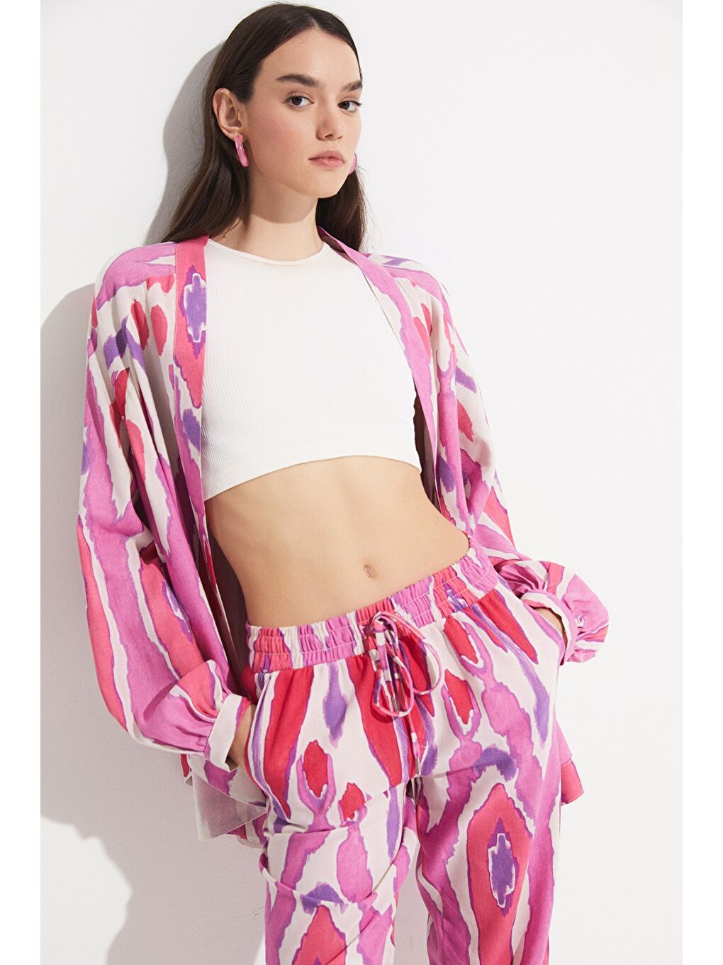 Fuşya Exclusive Desenli Keten Karışımlı Kimono-5