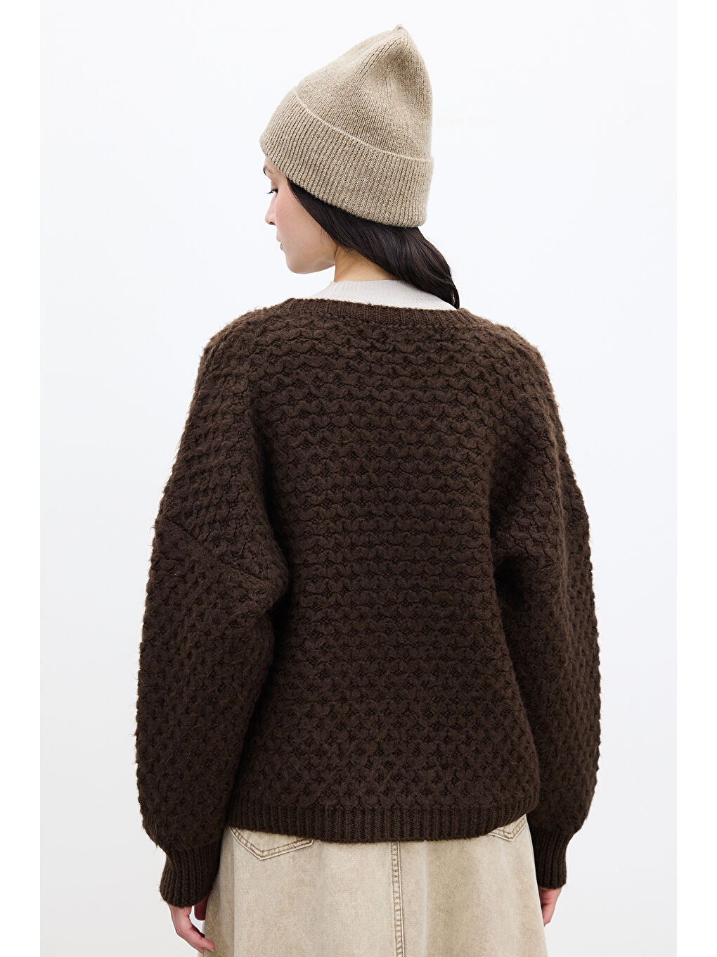 Kahverengi Desenli Örgü Triko Kazak Acı Kahve-3