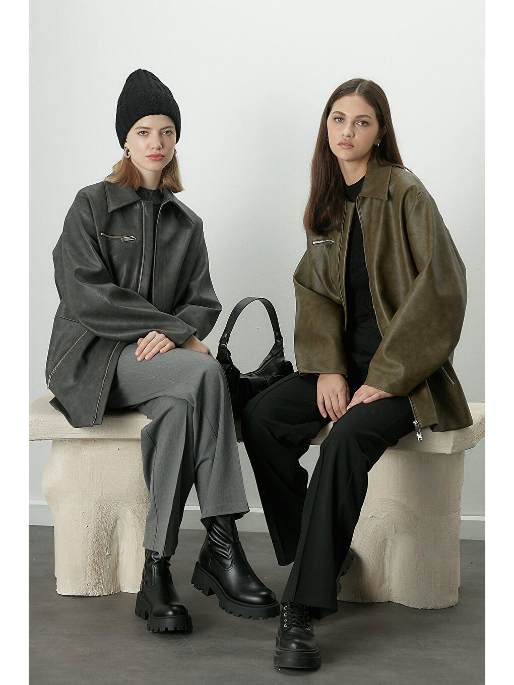 Eskitme Efektli Deri Ceket Antrasit