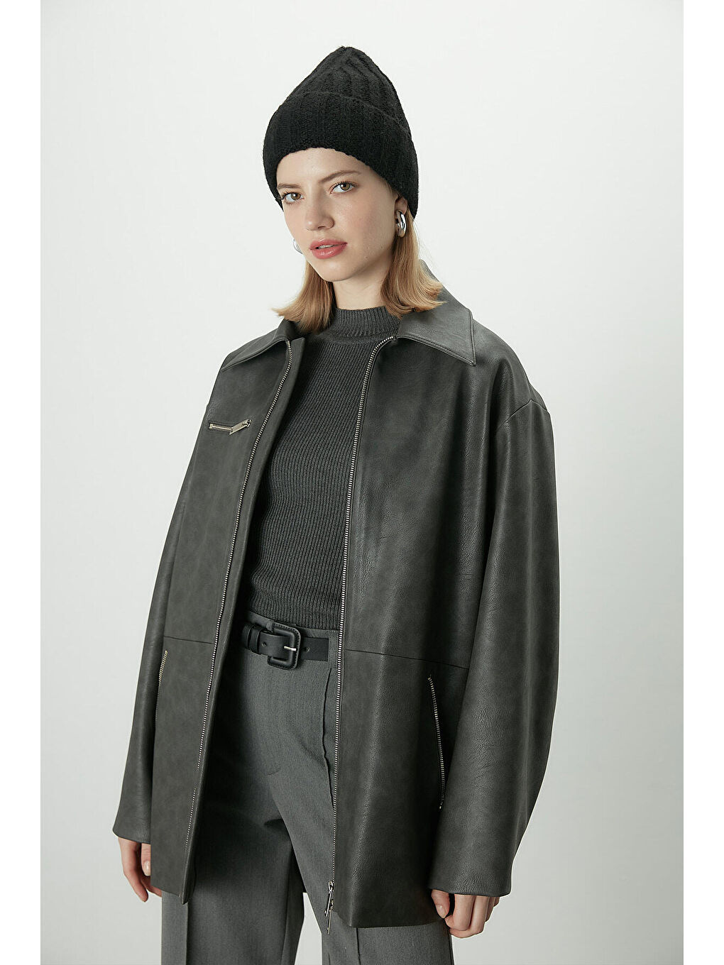 Eskitme Efektli Deri Ceket Antrasit-1