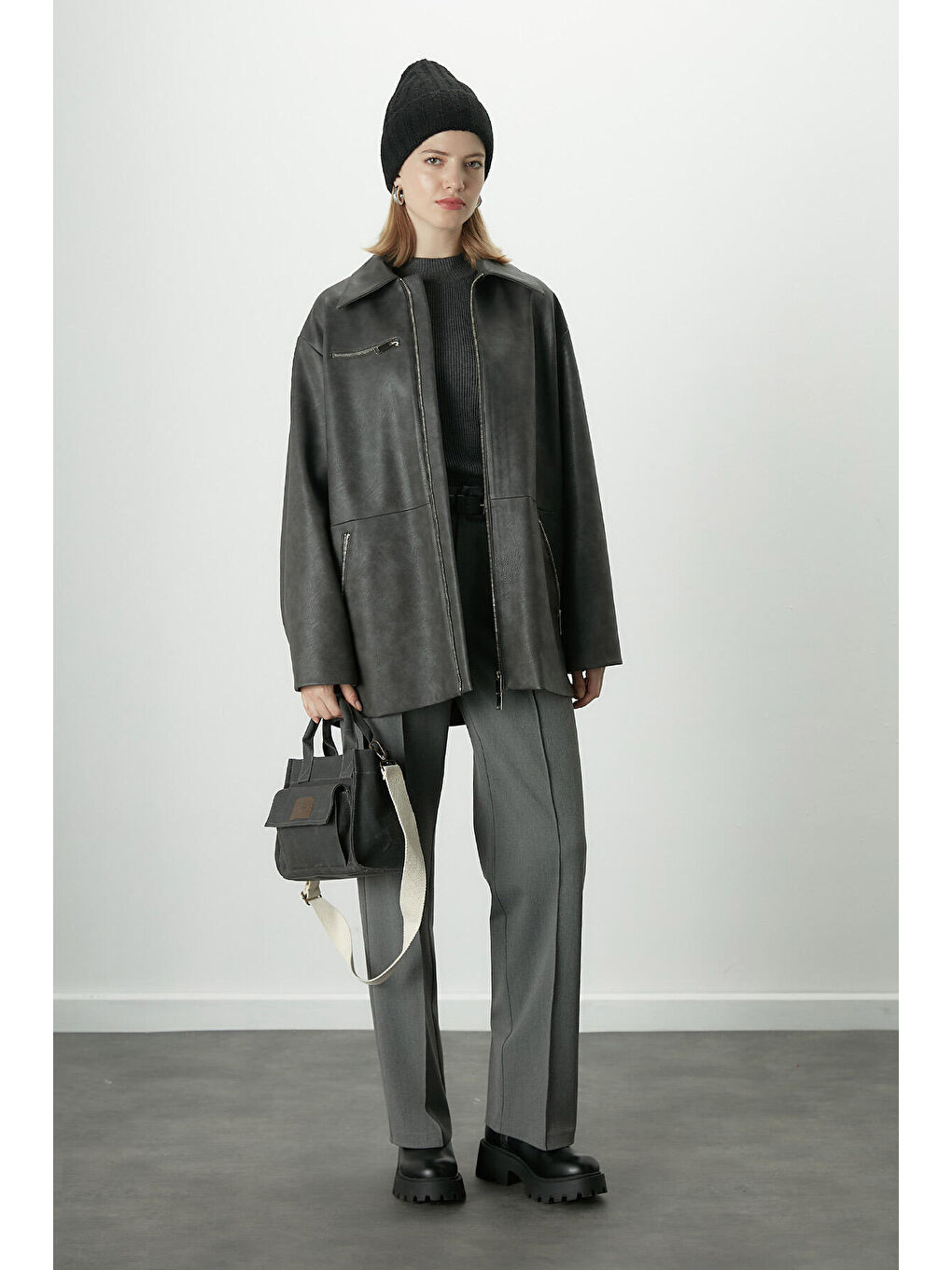 Eskitme Efektli Deri Ceket Antrasit-2