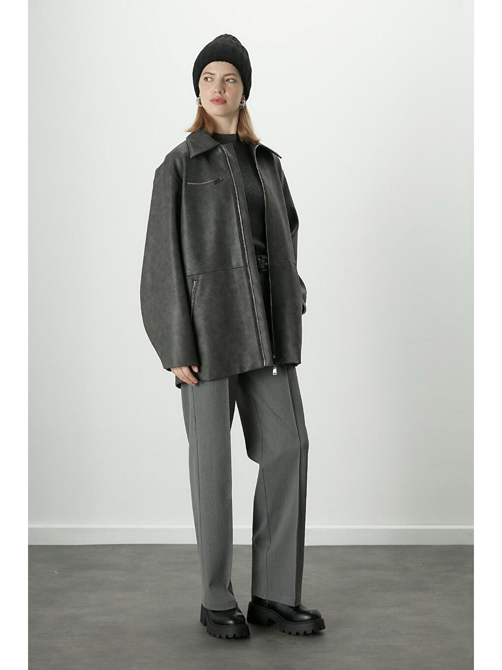 Eskitme Efektli Deri Ceket Antrasit-3