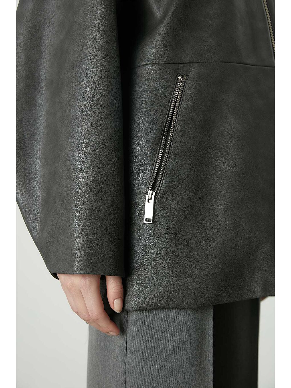 Eskitme Efektli Deri Ceket Antrasit-4