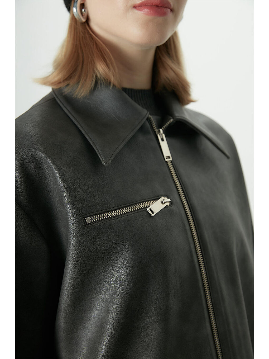 Eskitme Efektli Deri Ceket Antrasit-5