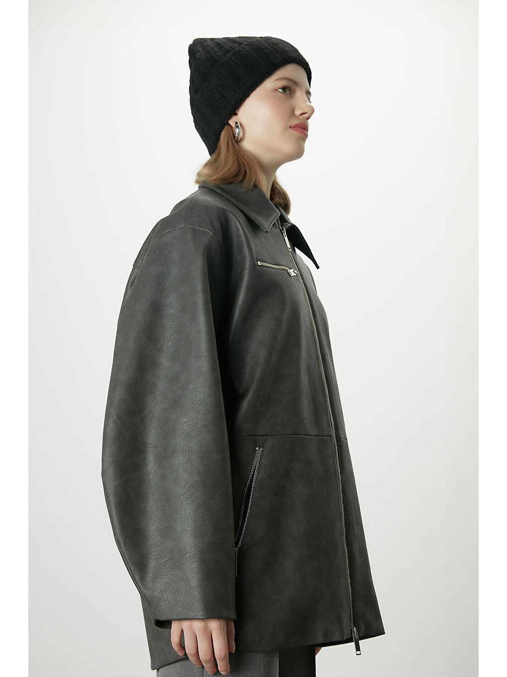 Eskitme Efektli Deri Ceket Antrasit-6