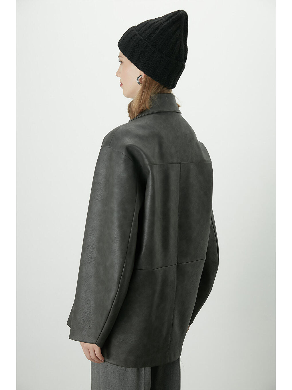 Eskitme Efektli Deri Ceket Antrasit-7